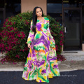 Custom Label Plus Size Maxi Chiffon Tie Dye Clothing Women V Neck Bandage Ruffle Long Sleeve Loose Casual Elegant Dresses